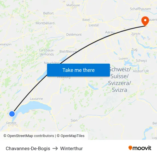 Chavannes-De-Bogis to Winterthur map