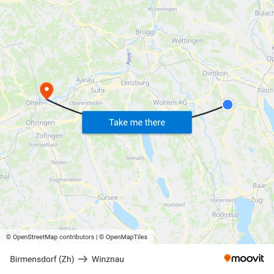 Birmensdorf (Zh) to Winznau map