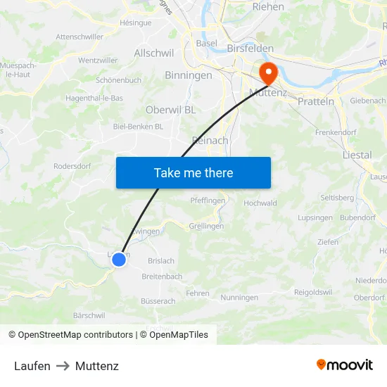 Laufen to Muttenz map