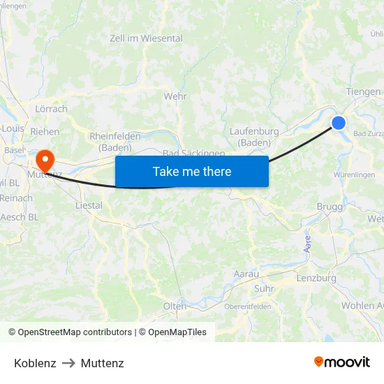 Koblenz to Muttenz map