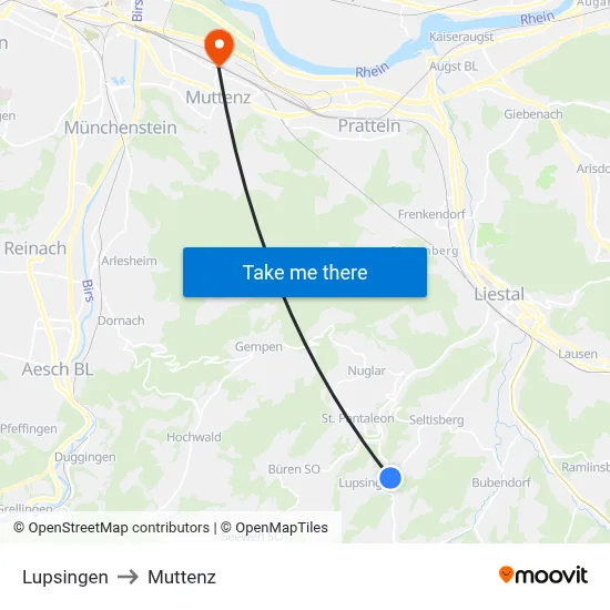 Lupsingen to Muttenz map