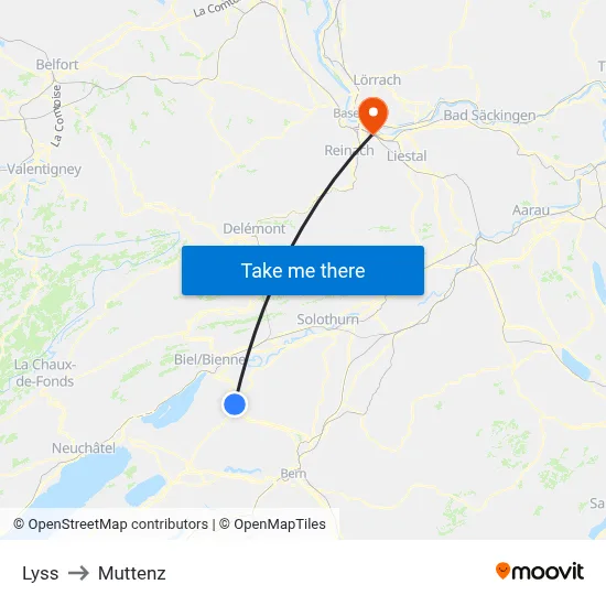 Lyss to Muttenz map