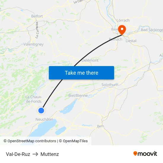 Val-De-Ruz to Muttenz map