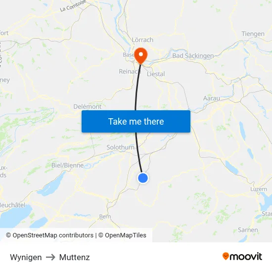 Wynigen to Muttenz map