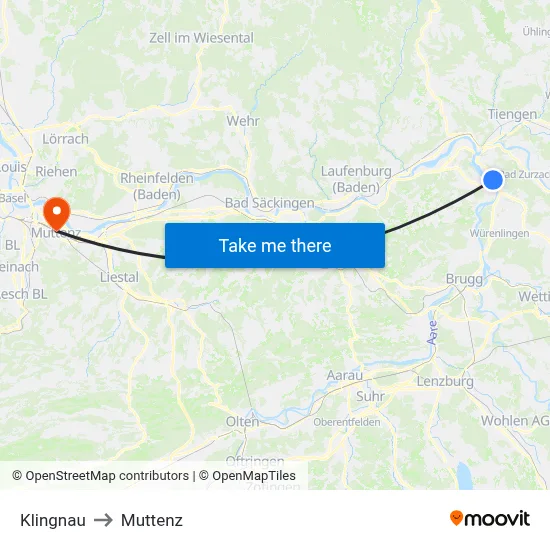 Klingnau to Muttenz map