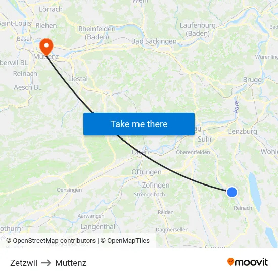 Zetzwil to Muttenz map