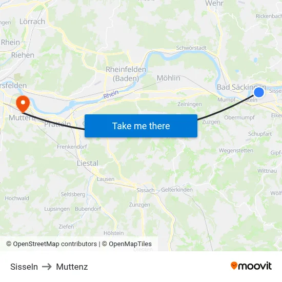 Sisseln to Muttenz map