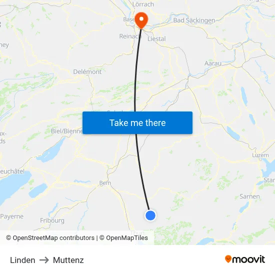 Linden to Muttenz map