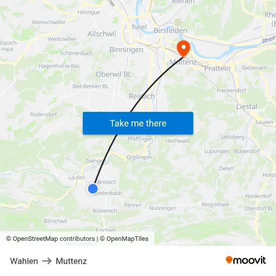Wahlen to Muttenz map