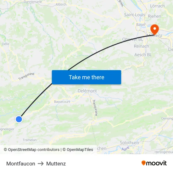 Montfaucon to Muttenz map