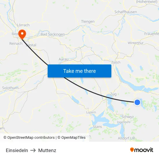 Einsiedeln to Muttenz map