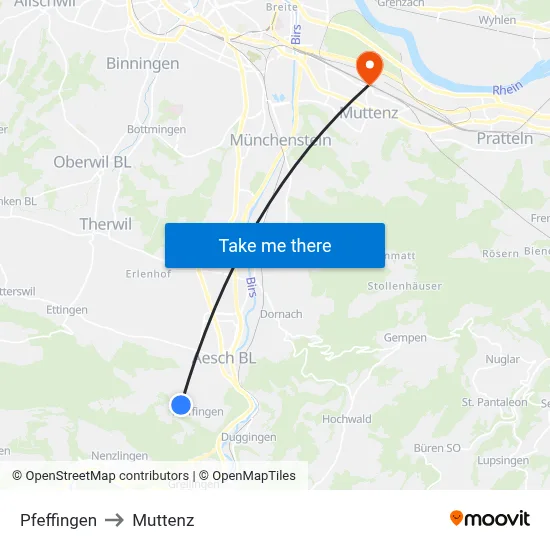 Pfeffingen to Muttenz map