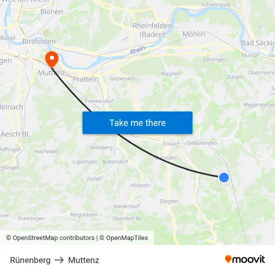 Rünenberg to Muttenz map