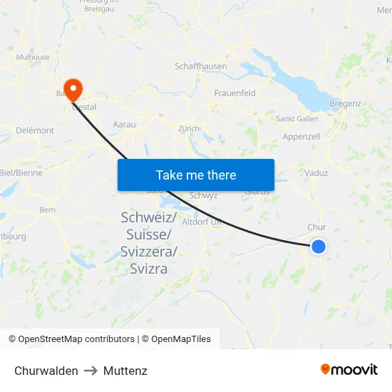 Churwalden to Muttenz map