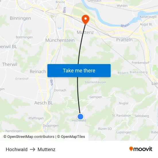 Hochwald to Muttenz map