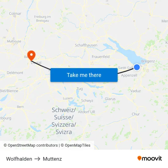 Wolfhalden to Muttenz map