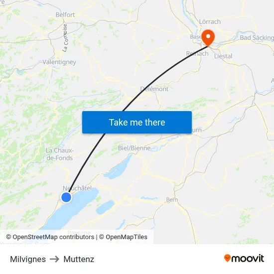 Milvignes to Muttenz map