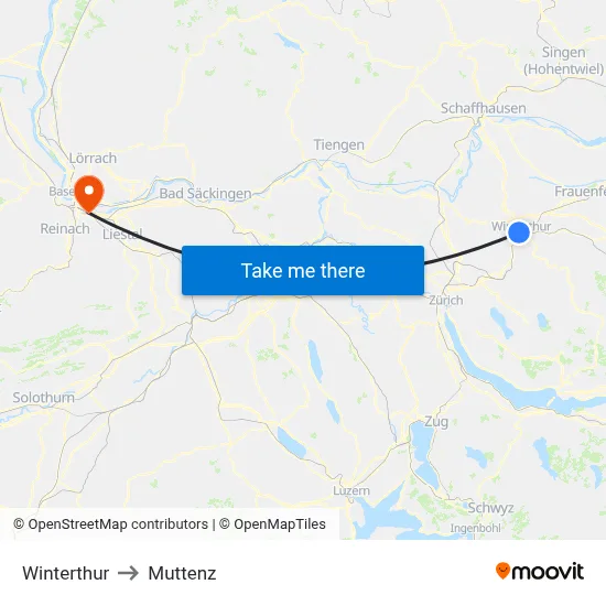 Winterthur to Muttenz map