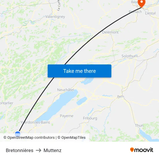 Bretonnières to Muttenz map