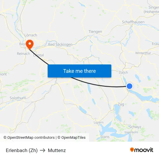 Erlenbach (Zh) to Muttenz map