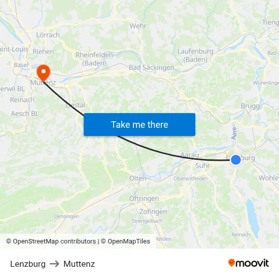 Lenzburg to Muttenz map