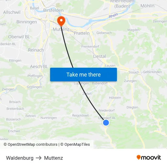 Waldenburg to Muttenz map