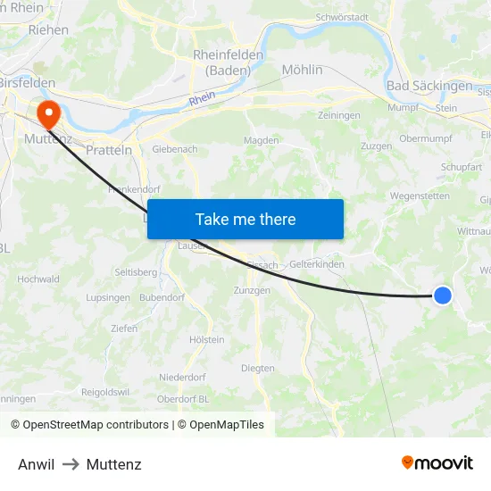Anwil to Muttenz map