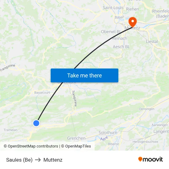 Saules (Be) to Muttenz map