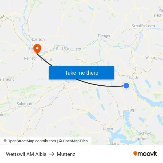 Wettswil AM Albis to Muttenz map