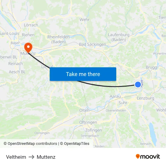 Veltheim to Muttenz map