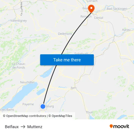 Belfaux to Muttenz map