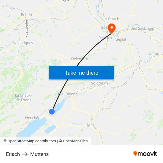 Erlach to Muttenz map