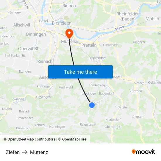 Ziefen to Muttenz map