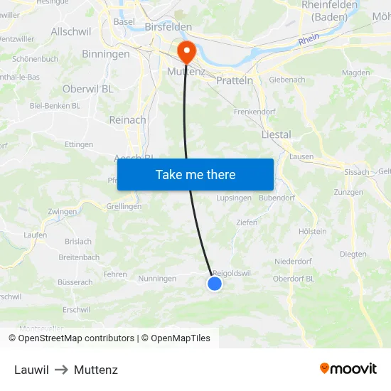 Lauwil to Muttenz map