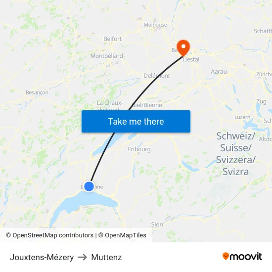 Jouxtens-Mézery to Muttenz map