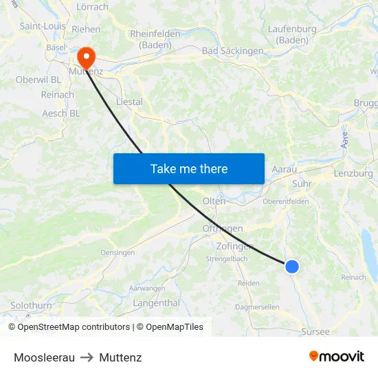 Moosleerau to Muttenz map