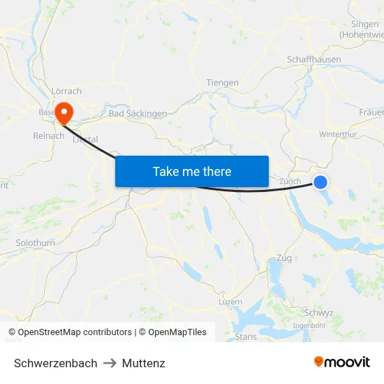 Schwerzenbach to Muttenz map