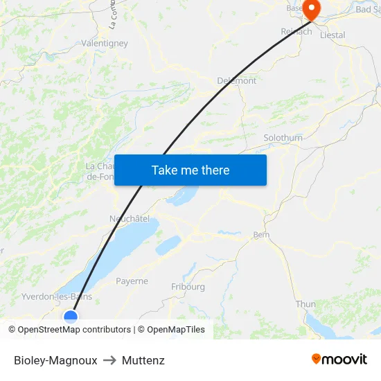 Bioley-Magnoux to Muttenz map
