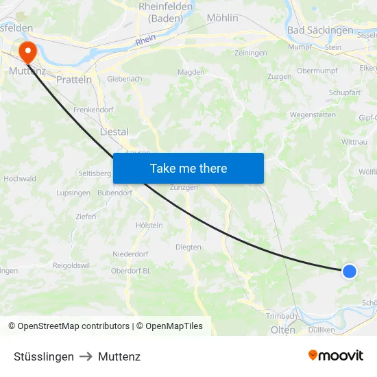 Stüsslingen to Muttenz map