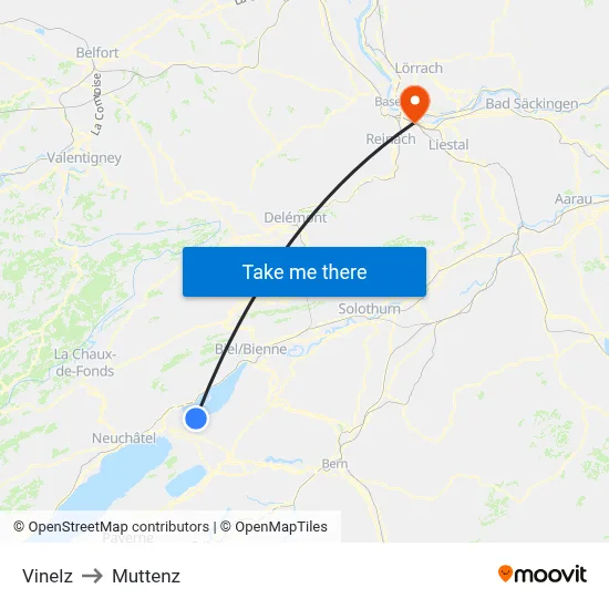 Vinelz to Muttenz map