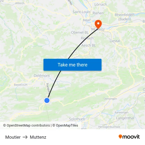 Moutier to Muttenz map