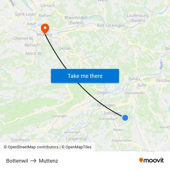 Bottenwil to Muttenz map