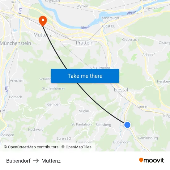 Bubendorf to Muttenz map