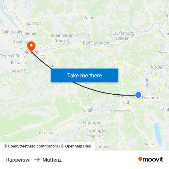 Rupperswil to Muttenz map