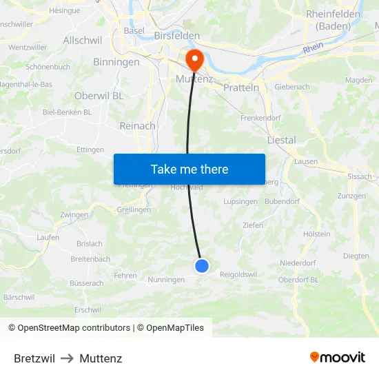 Bretzwil to Muttenz map