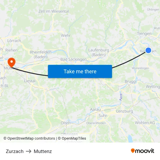 Zurzach to Muttenz map