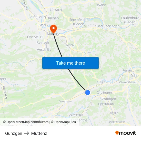 Gunzgen to Muttenz map