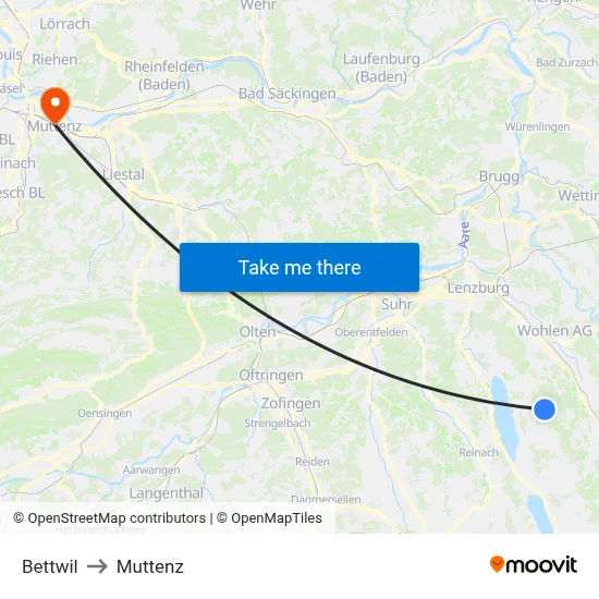 Bettwil to Muttenz map