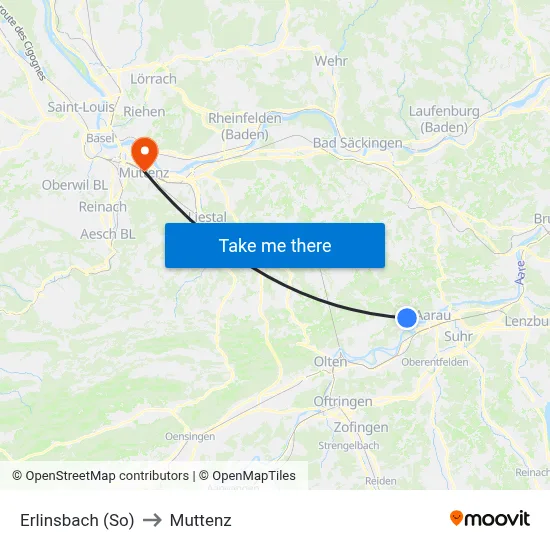 Erlinsbach (So) to Muttenz map