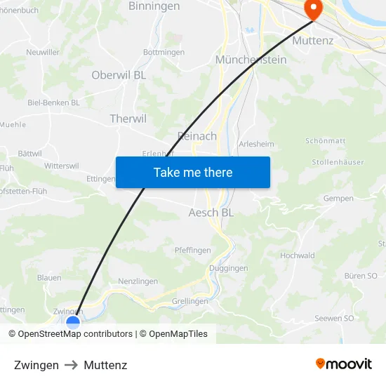 Zwingen to Muttenz map